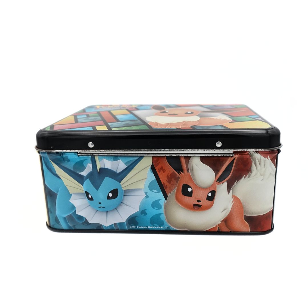 Photo of the underside of the 2021 Eeveelution Pokemon Lunchbox, showing the copyright information and showing the characters Vaporeon and Flareon