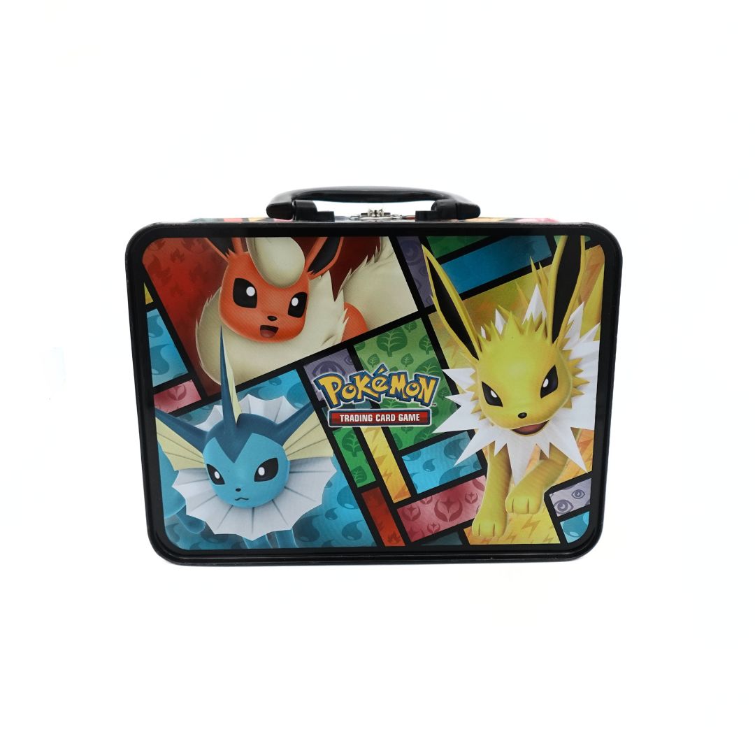 Photo from the back of the 2021 Pokemon Eeveelution lunchbox, featuring Jolteon, Flareon and Vaporeon