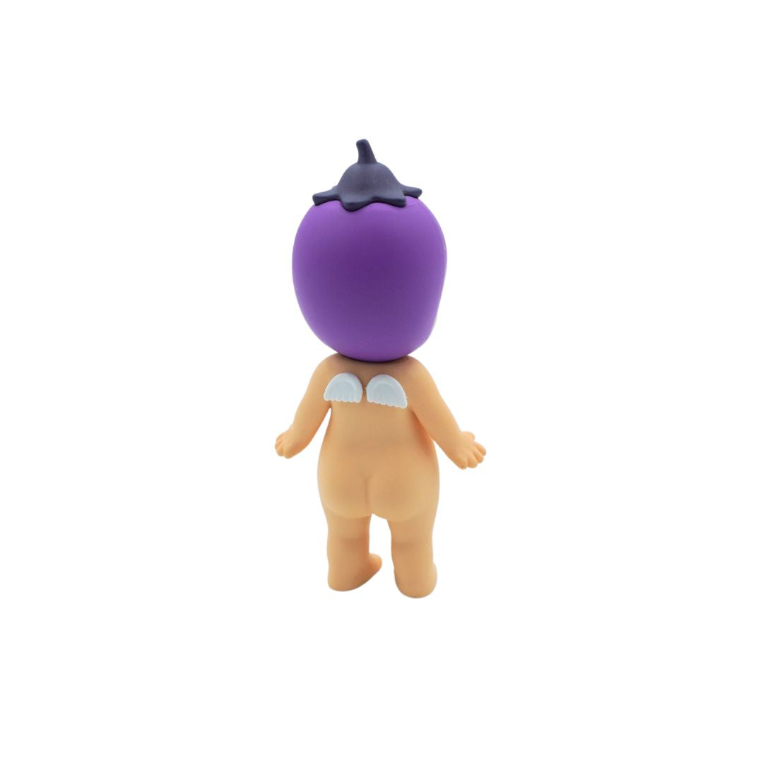 A small eggplant-shaped figure with a peach-colored body and small white wing-like details on the back, shown from the back against a plain white background.