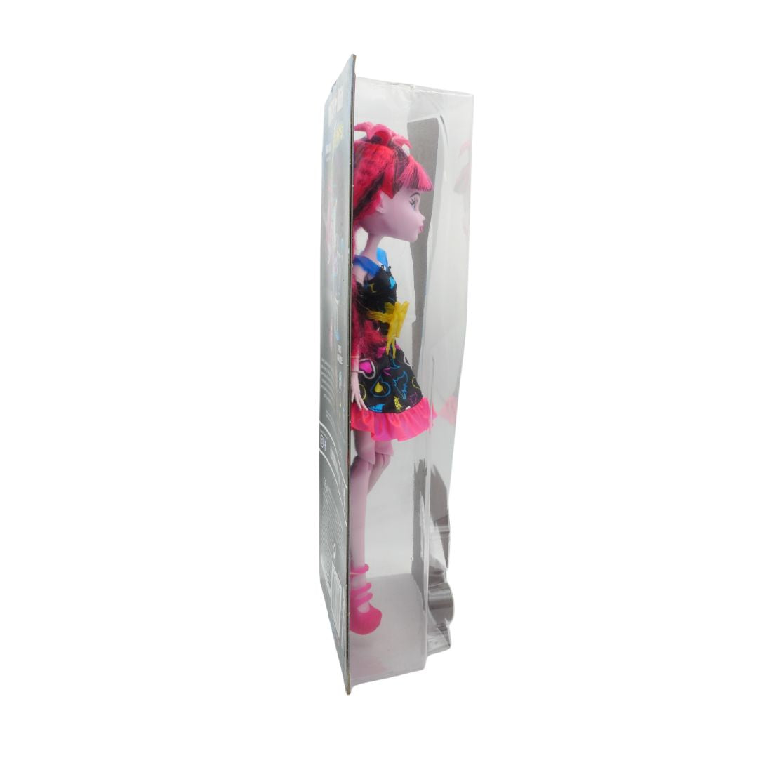 Colorful doll in a clear packaging box on a white background