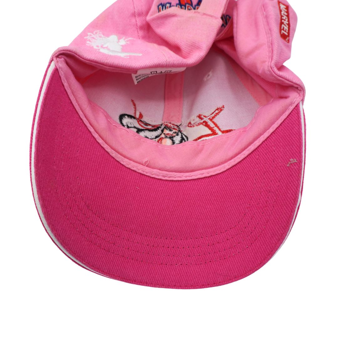 A pink baseball cap shown from a top-down angle, featuring a bright pink brim, a matching pink folded cuff, and colorful embroidered cartoon graphics on the inner panels.