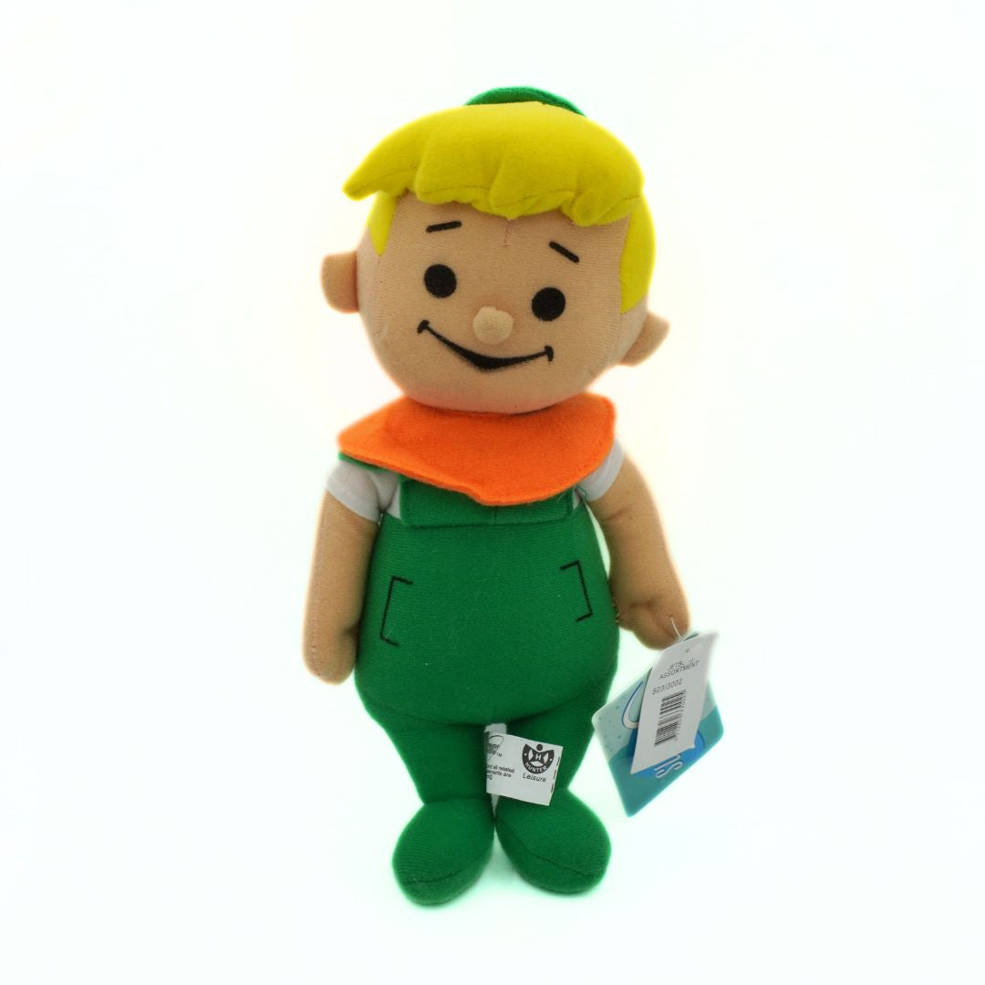 Plush toy with green overalls and yellow hair on a white background