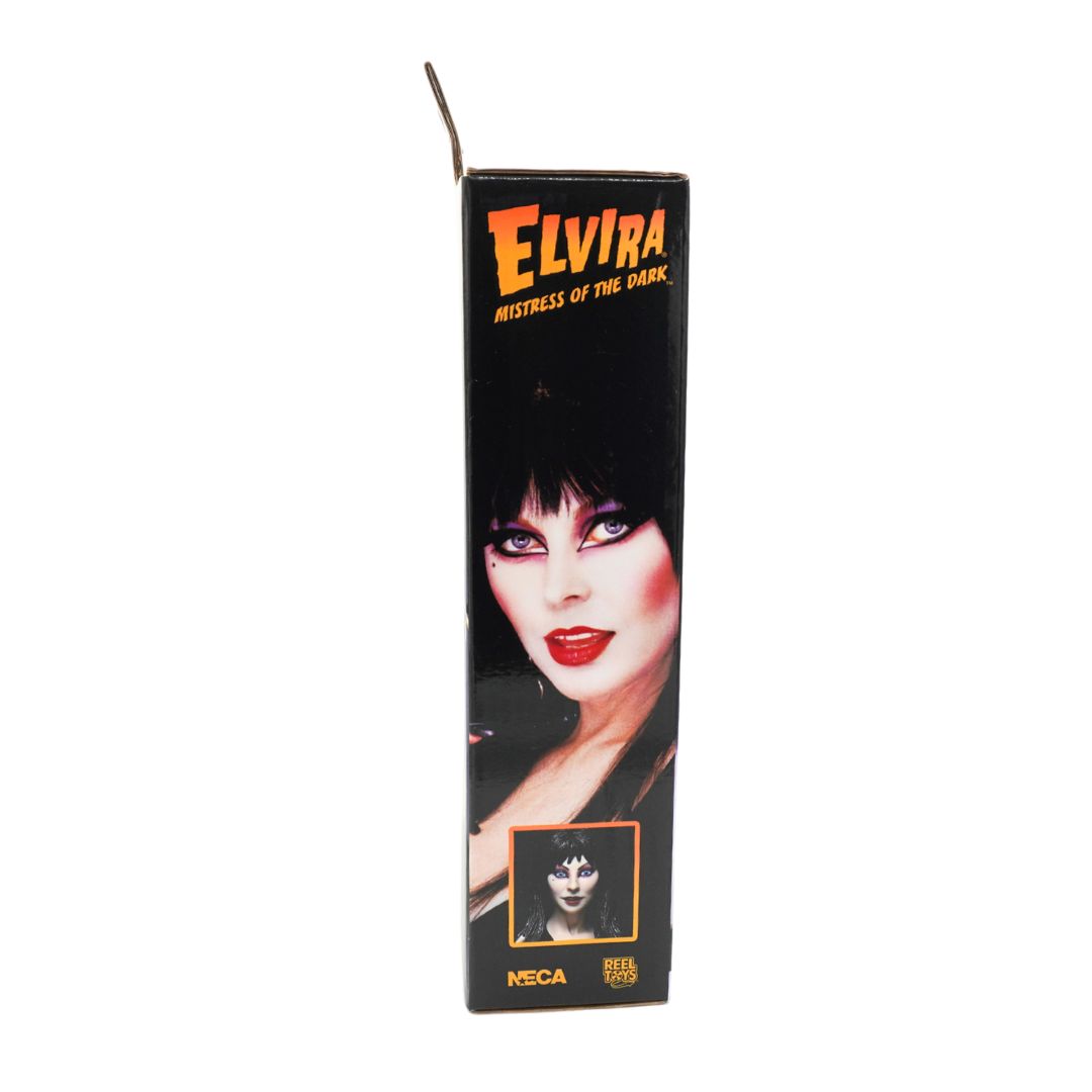 NECA Elvira Mistress of the Dark action figure box, featuring a black background with a portrait of Elvira and the title in orange and yellow.
