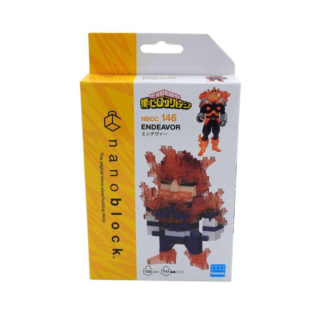 A boxed collectible figure package for nanoblock, featuring the character Endeavor from My Hero Academia. The packaging is white and yellow with a hang tab at the top and a printed image of the assembled figure on the front.