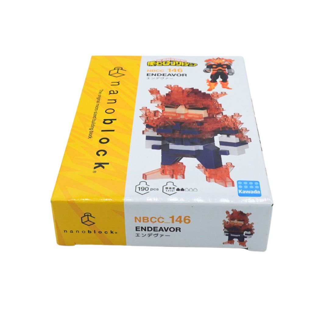 A boxed toy figure on a plain white background. The packaging is white and yellow, with pixelated character artwork and visible text including 'nanoblock', 'ENDUELR', and 'NBCC_146'.