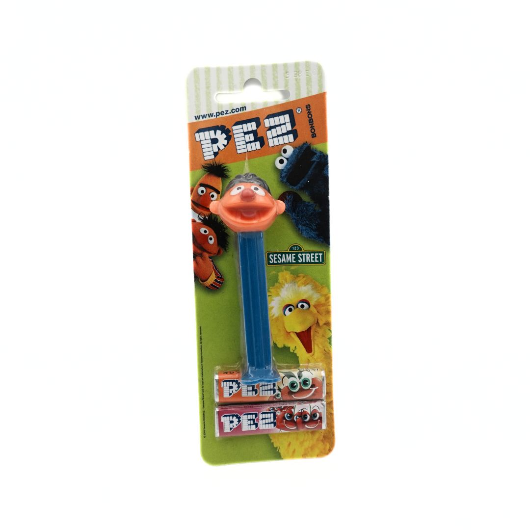 Front on photo of the 2004 Ernie Sesame Street Pez dispenser still in its packaging