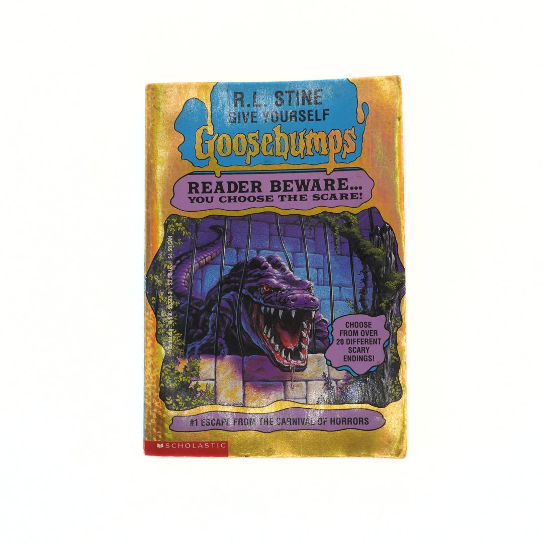 Goosebumps book cover with dinosaur illustration on a white background
