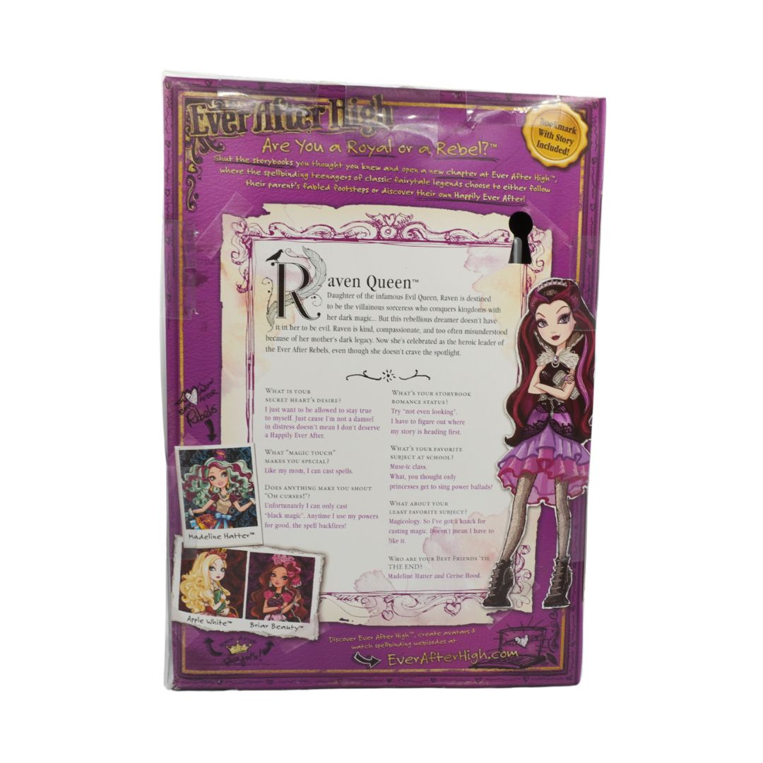 Ever After High Raven Queen doll packaging with character description and images on a purple background