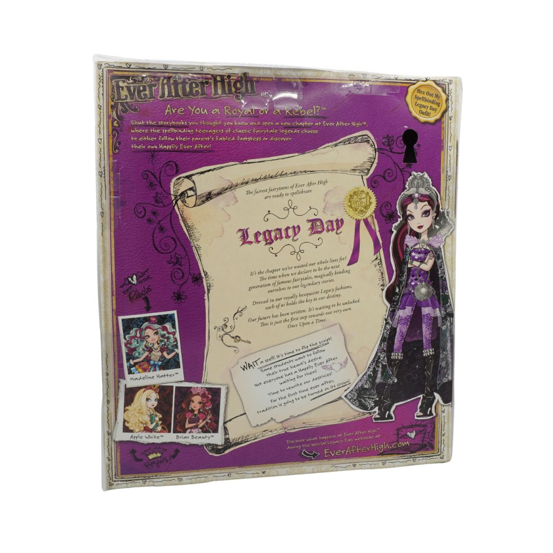 Ever After High toy packaging with character illustration and text on a purple background