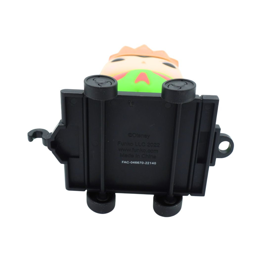 A replacement plastic base for a Disney Funtube LLC 5552 ball joint, showing the black molded plastic bottom with printed Disney branding and a small portion of the multicolored character head visible above.