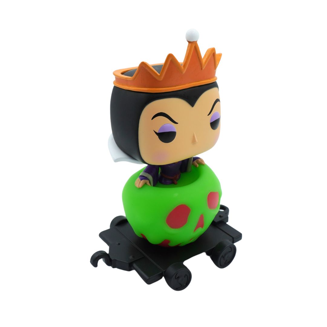 A stylized Funko Pop! figure of the Evil Queen sitting in a green apple on a black wheeled base, shown against a plain white background.