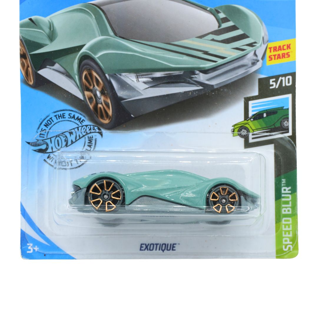 A Hot Wheels Exotique Speed Blur toy car in mint green with gold wheels, displayed in its original blister pack packaging.
