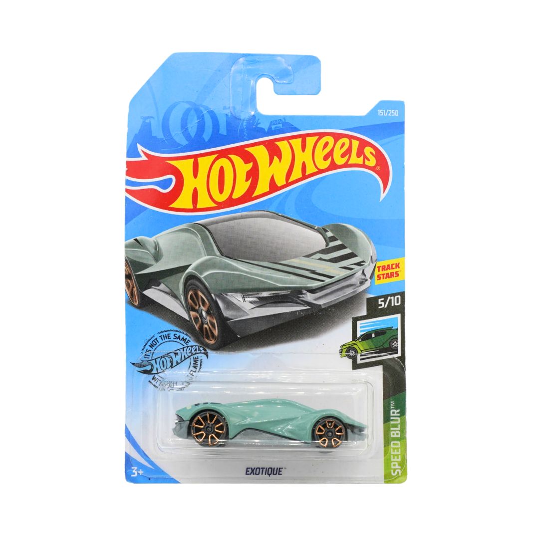 A Hot Wheels Exotique Speed Blur toy car in its original blister card packaging, featuring a mint green car with gold wheels against a blue and white background.