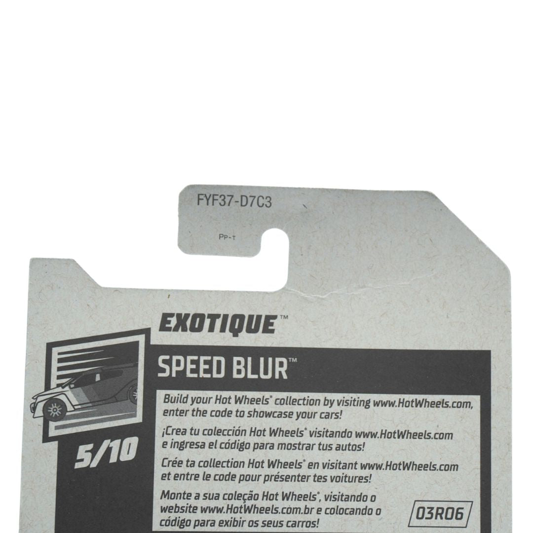 Exotique Speed Blur 5/10 scale Hot Wheels car display card, featuring a gray and black card with a hanging slot, showing the code 03R06.