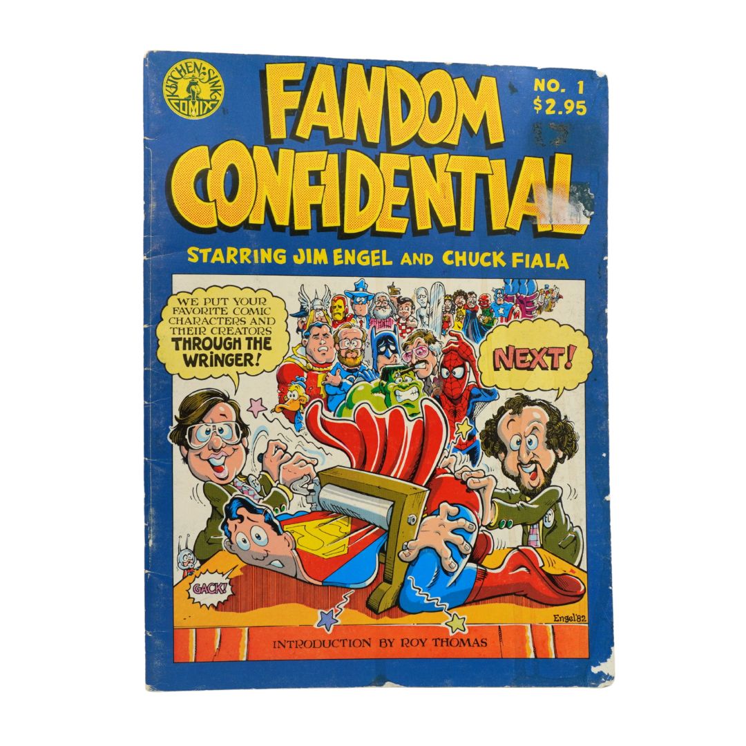 Vintage comic book titled 'Fandom Confidential' No. 1, featuring a blue border and a colorful cartoon cover illustration with the text 'Starring Jim Engel and Chuck Fiala'.