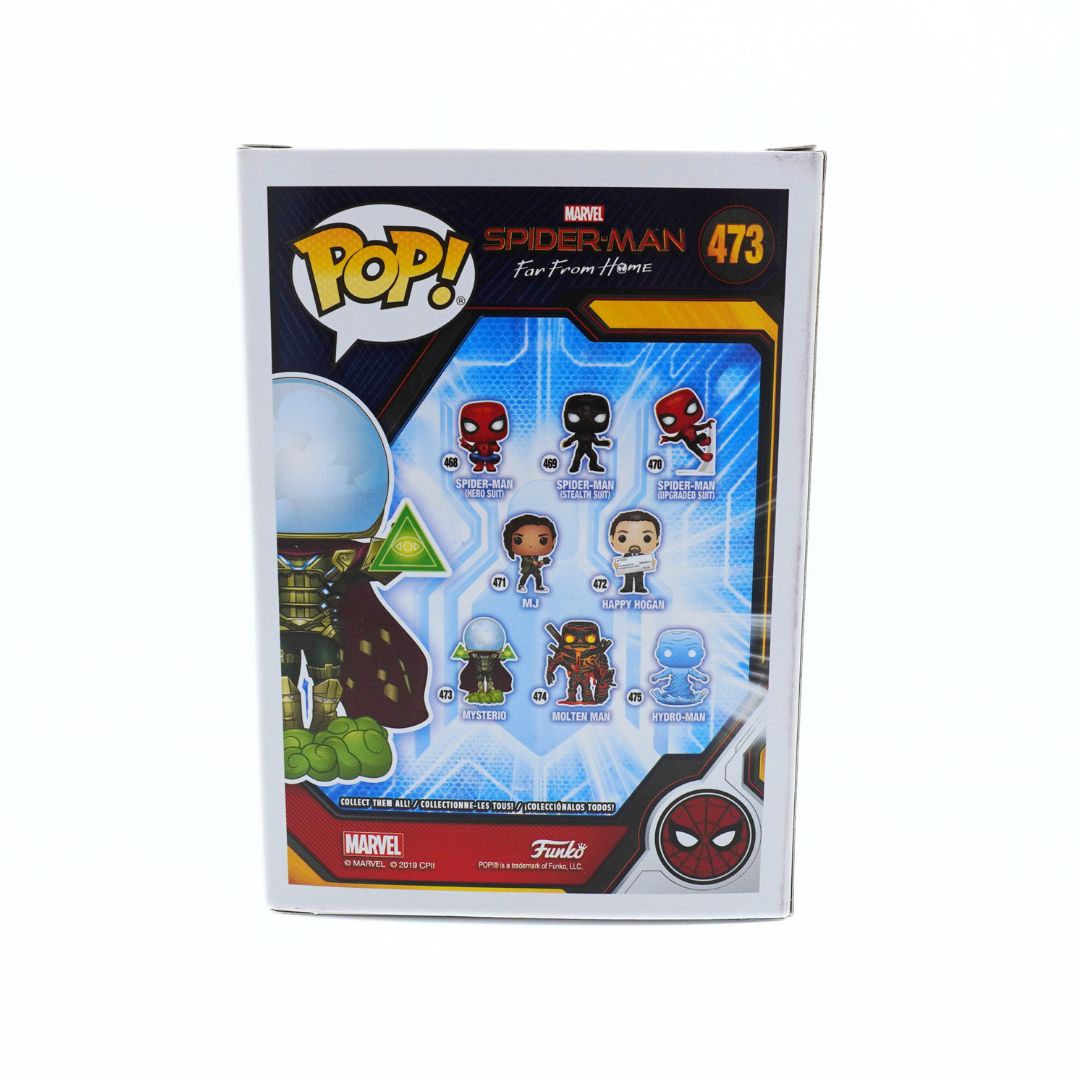 Funko Pop! Marvel Spider-Man: Far From Home vinyl figure box, number 473, featuring character miniatures on the front packaging.