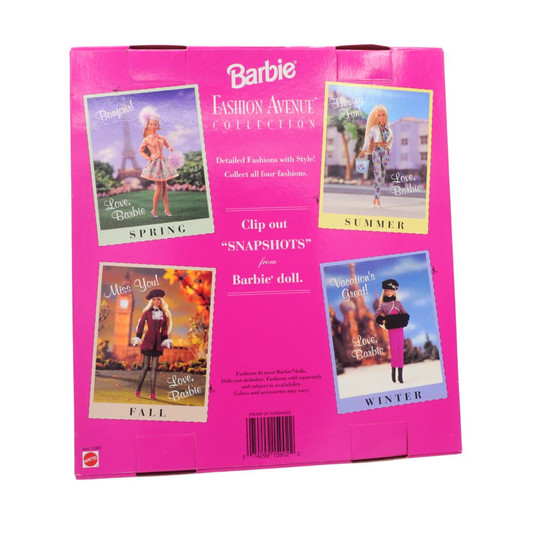 Barbie Fashion Avenue collection packaging with images of dolls in different outfits on a pink background.