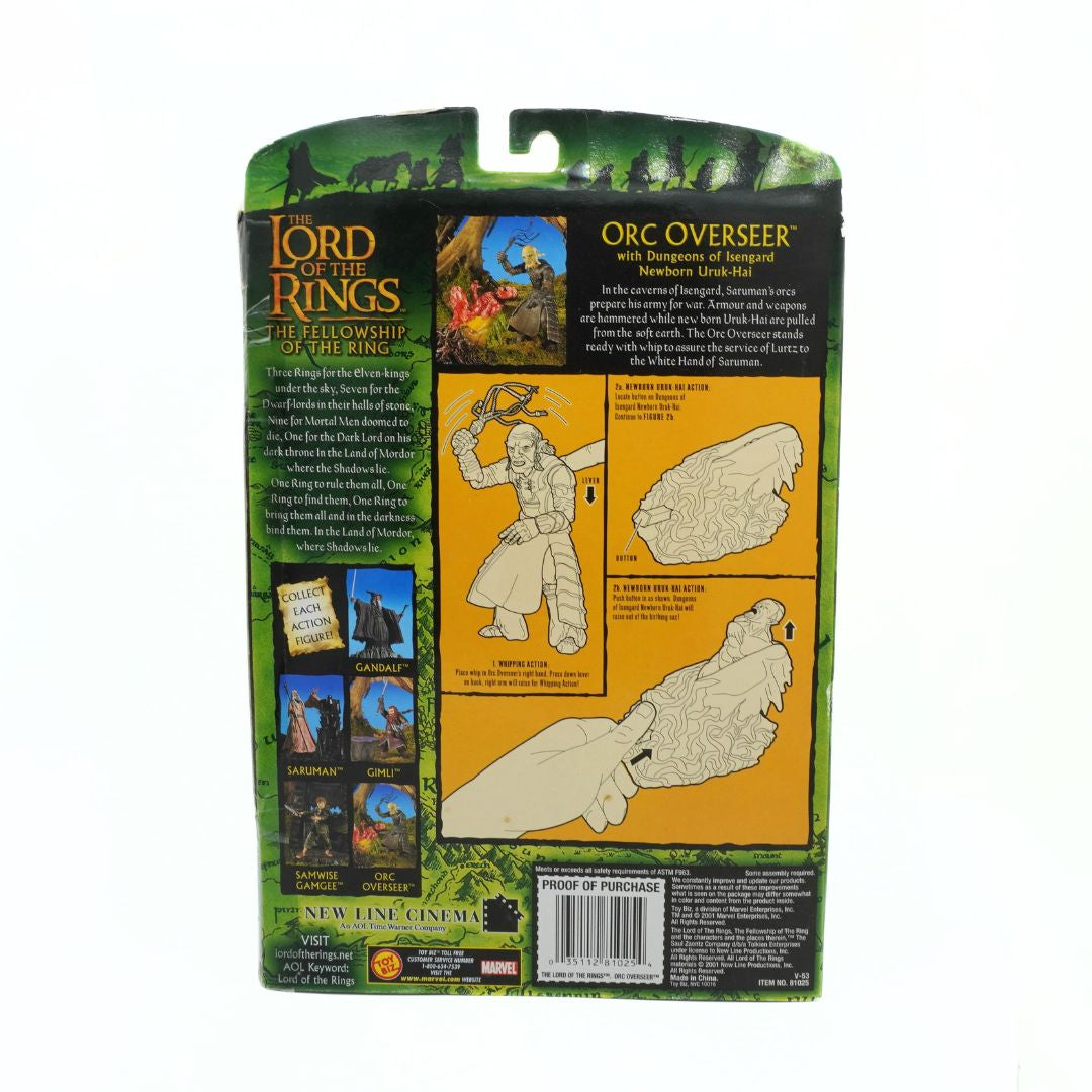 Back view of a 'Lord of the Rings' Orc Overseer action figure packaging with character images and text.
