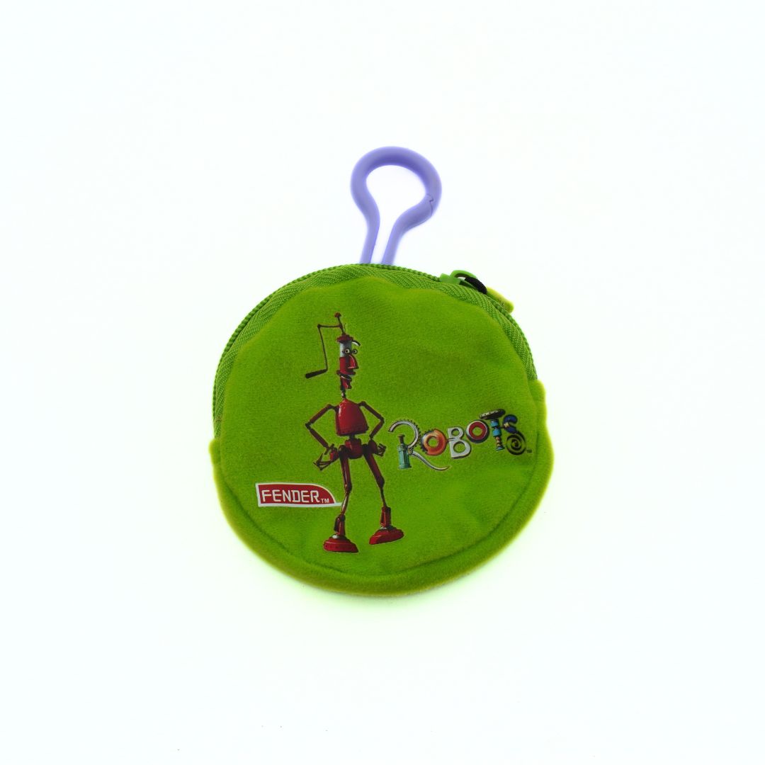 Green coin purse with robot design and 'Fender' branding on a white background