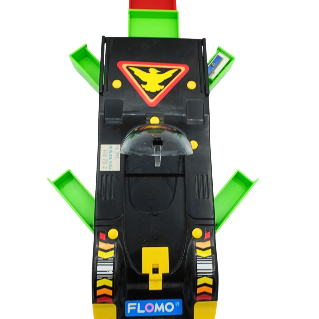 Toy car with a colorful design on a white background