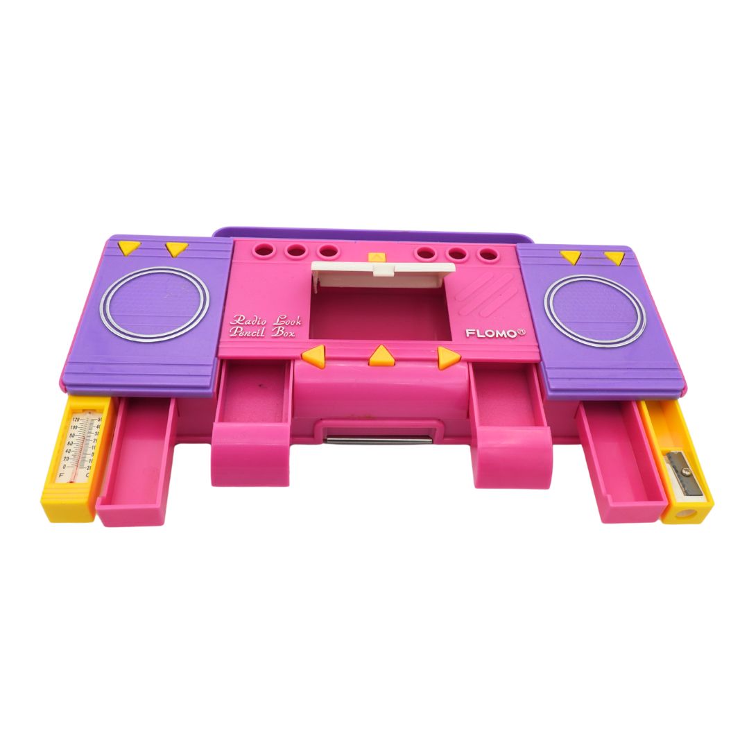 Colorful toy pencil case with pink and purple design on a white background