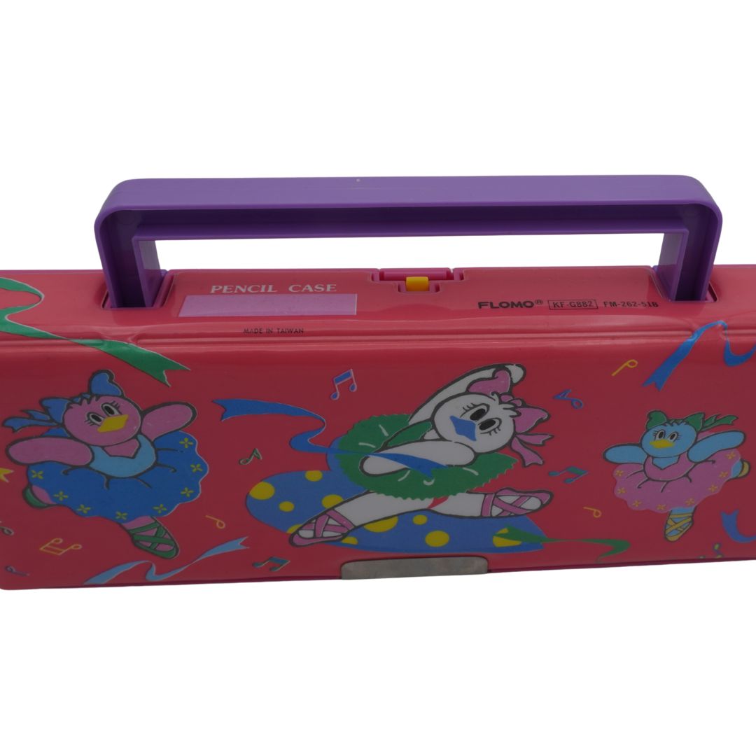Pink pencil case with cartoon characters and purple handle on a white background