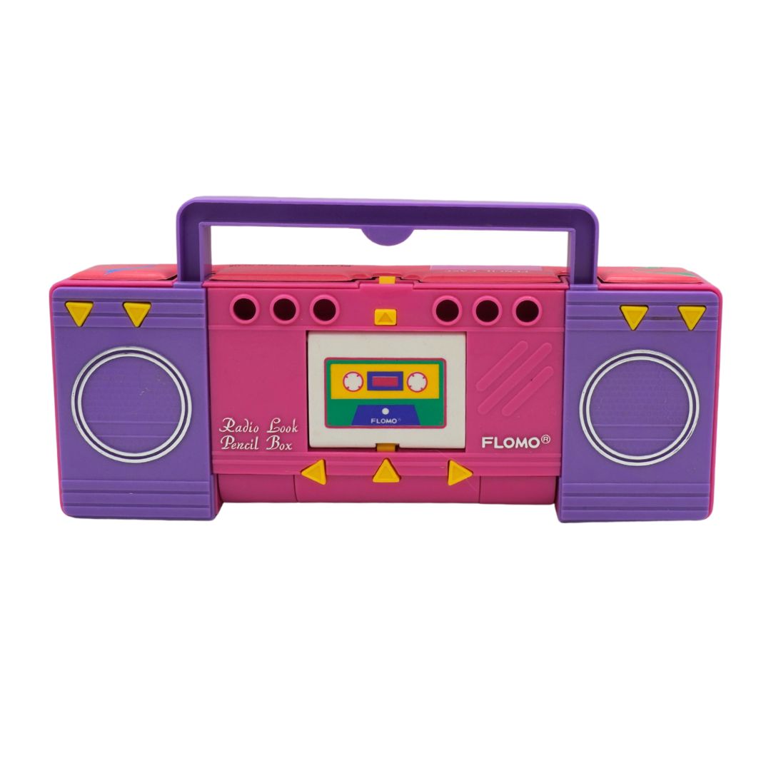 Pink and purple pencil box designed like a vintage radio with 'FLOMO' branding on a white background.