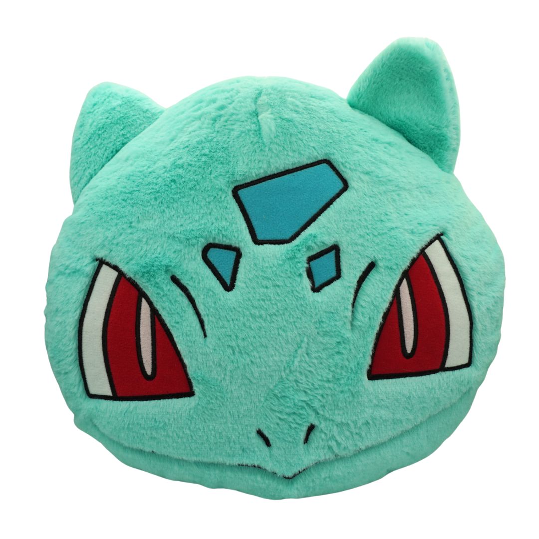 Plush toy of a character with a teal face and red eyes on a white background