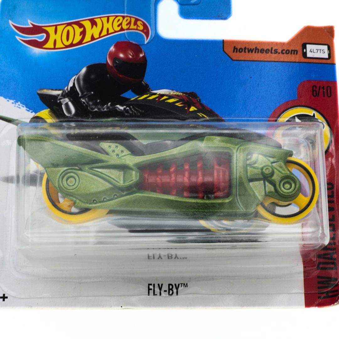 Hot Wheels 'Fly-By' toy car in packaging with Hot Wheels branding.