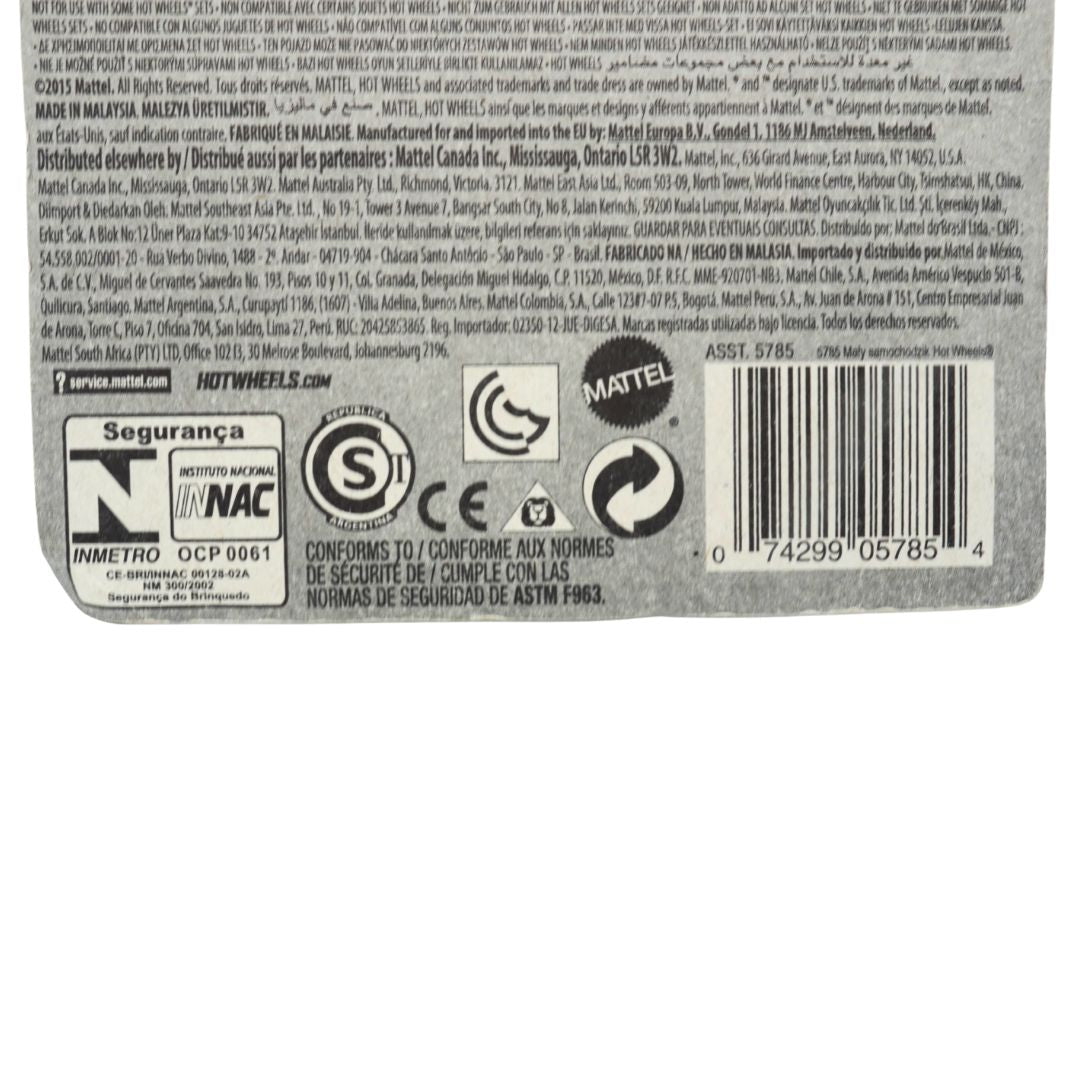 Back of a Hot Wheels toy packaging with branding and certification logos.