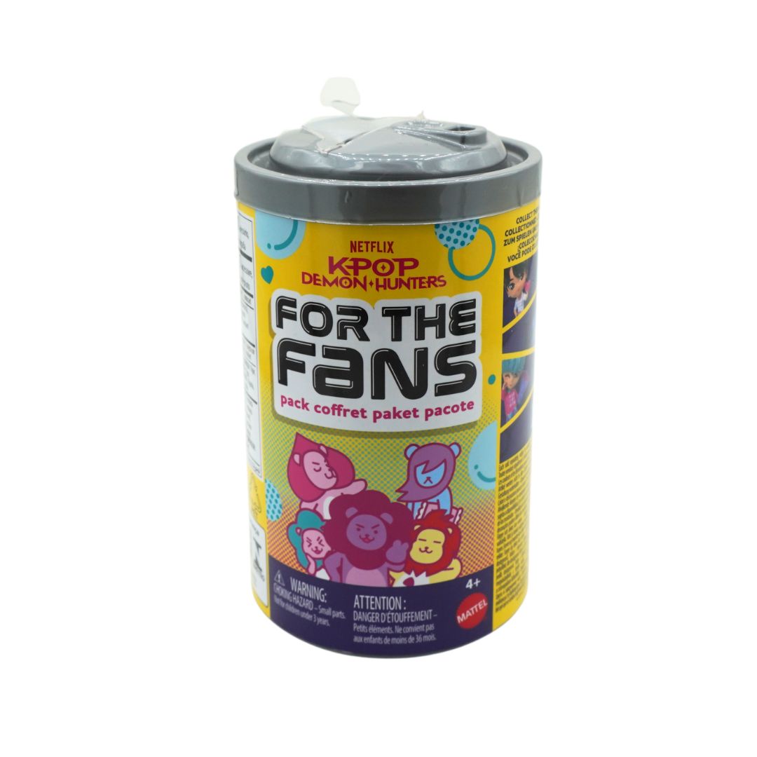 Packaging designed to look like a drink can, reading For The Fans KPop Demon Hunters, with a yellow colour palette.