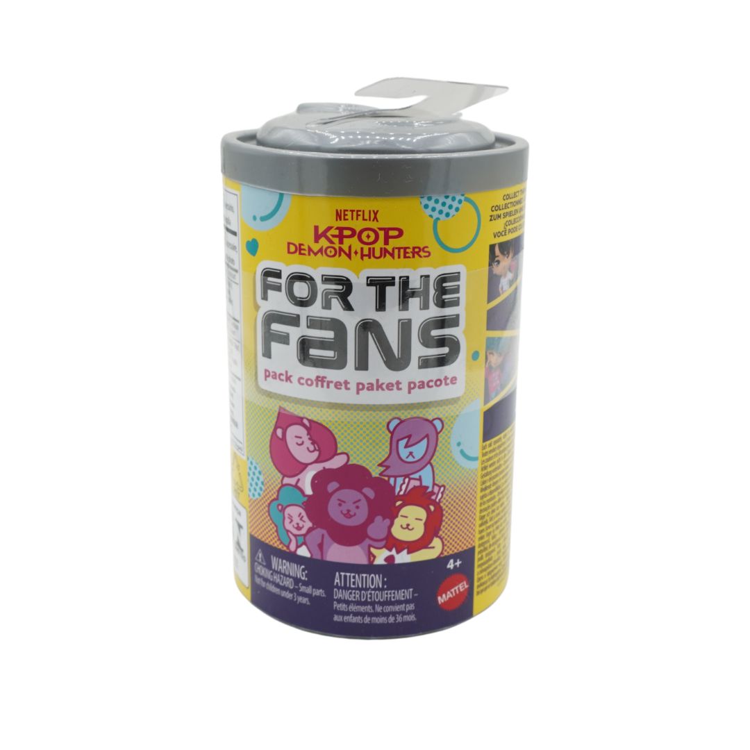 A cylindrical canister of K-pop Demon Hunters 'For the Fans' snack pack, featuring a colorful label with cartoon characters and a gray plastic lid, on a white background.