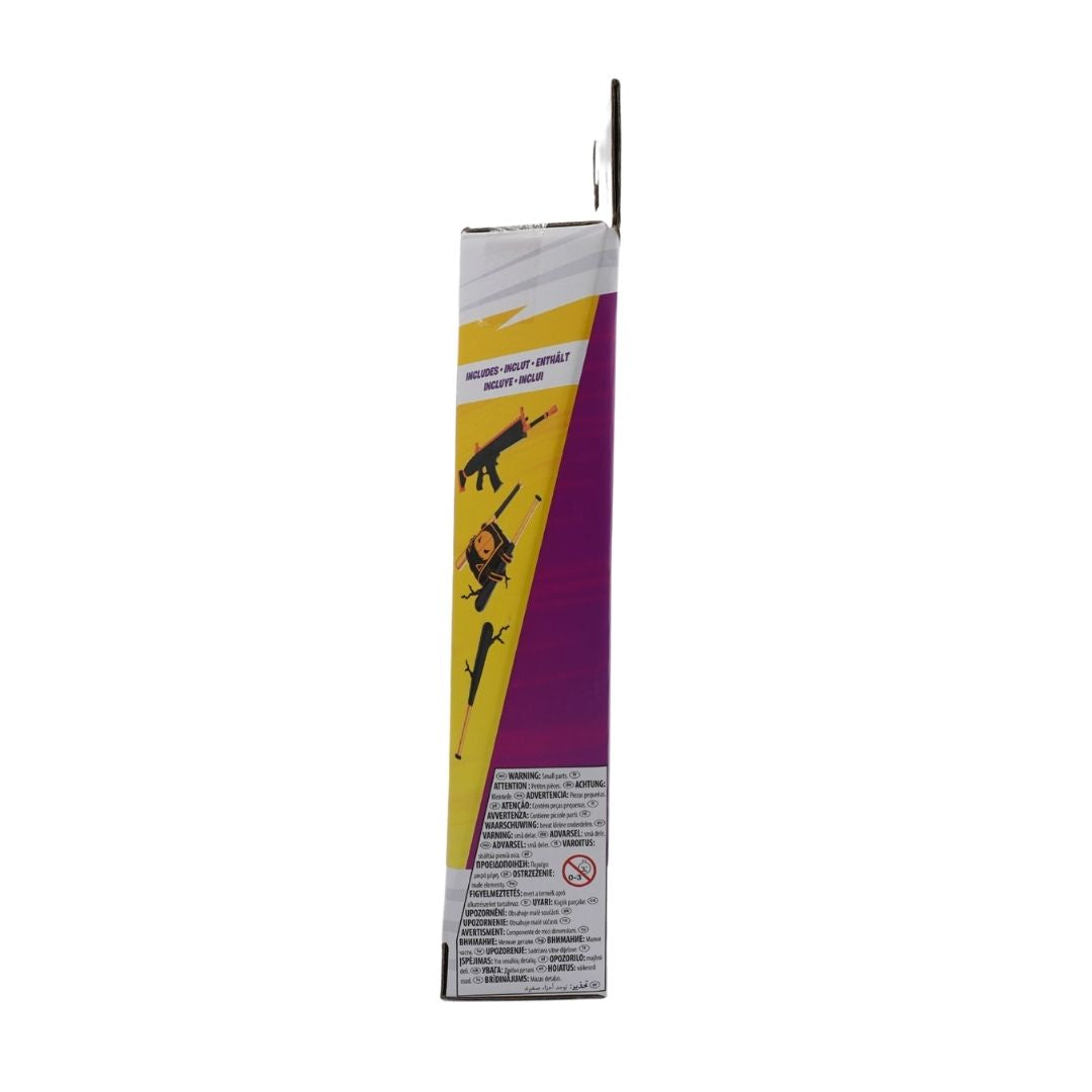 A tall, narrow product box shown upright against a plain white background. The packaging features a diagonal split design with yellow on the left and purple on the right, along with black silhouettes of firearms and small warning labels near the bottom.