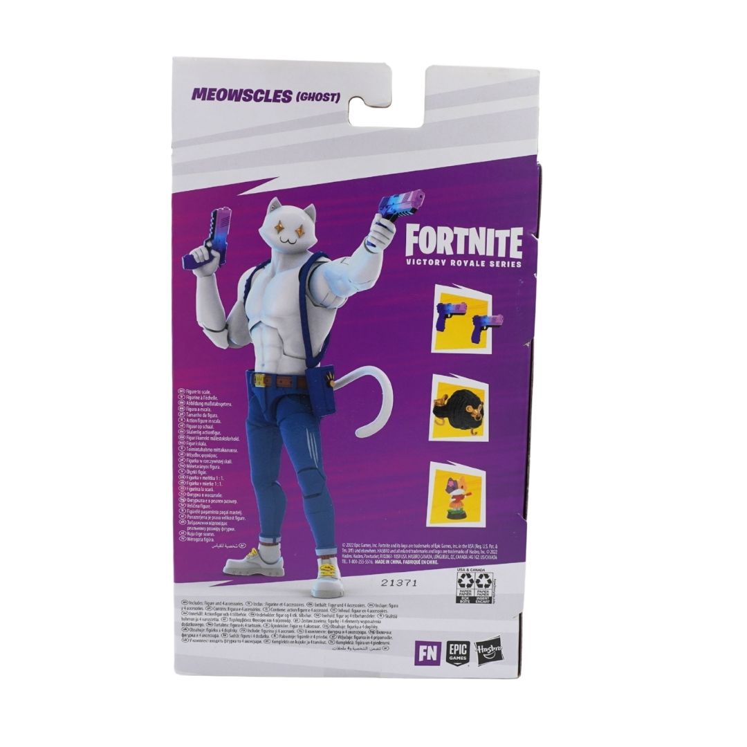 Fortnite Meowscles (Ghost) Destiny Royals Series action figure back packaging, featuring a white cat character in a white shirt and blue pants against a purple background.
