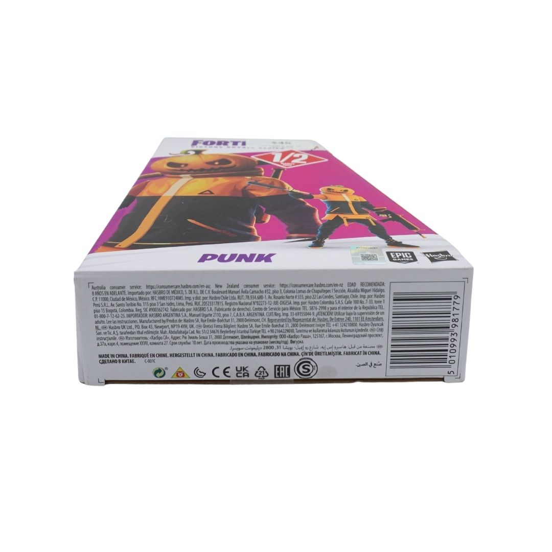 The back of a Fortnite PUNK toy figure box, showing the product branding, character artwork, and regulatory text on a white background.