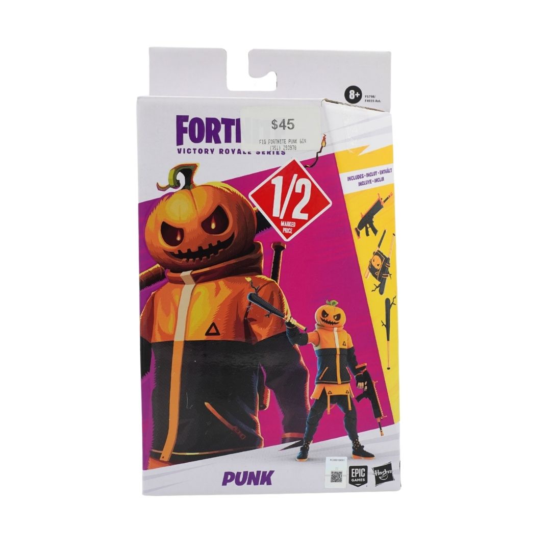 Fortnite Victory Royale Series Punk action figure in its original retail packaging, featuring a pumpkin-themed character in an orange jacket and black pants.