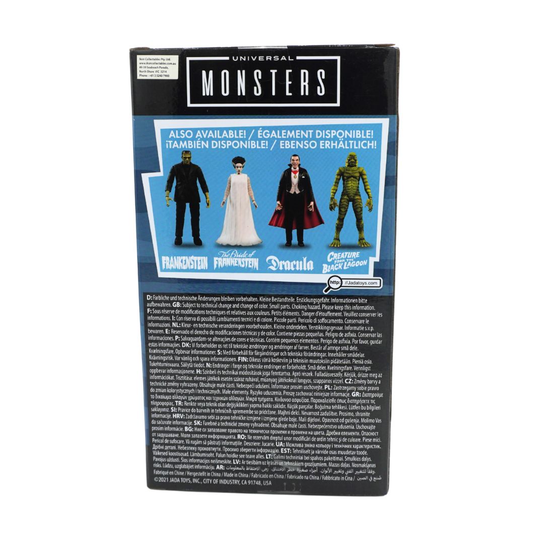 The back of a Universal Monsters collectible action figure box, showing the Frankenstein, the Bride, the Dracula figure, and product details on a white background.