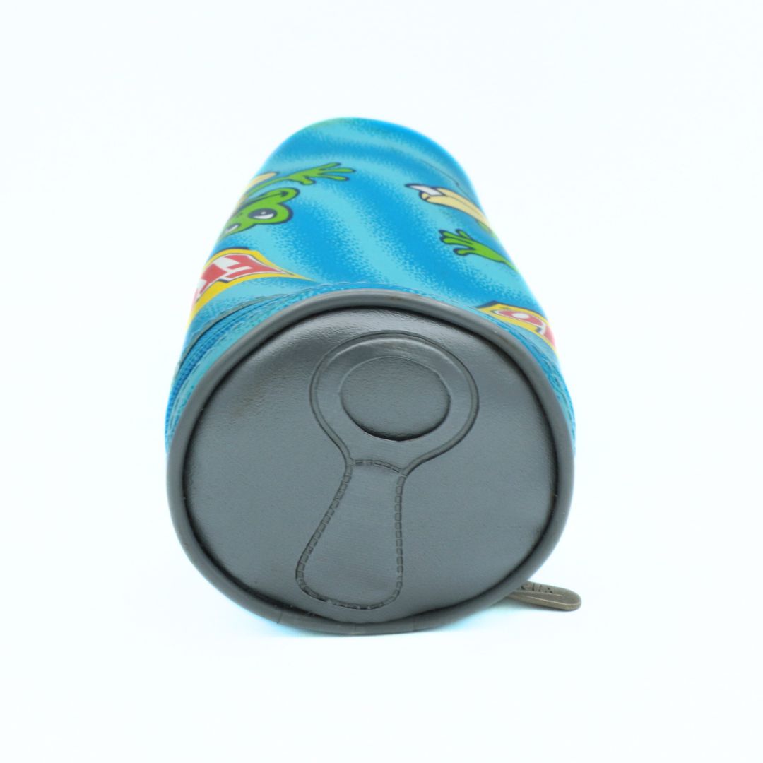 Cylindrical product with blue top and gray bottom on a white background