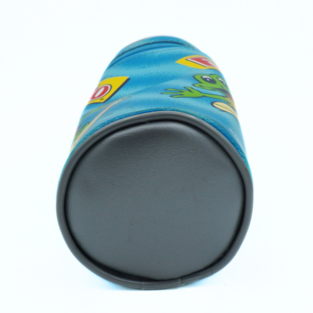 Blue cylindrical container with a black lid on a white background