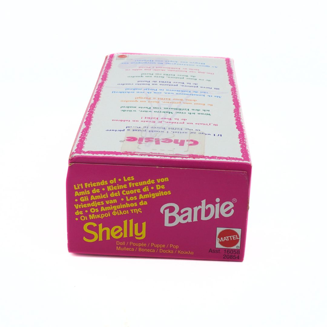 Barbie Shelly toy packaging with pink and white design on a white background