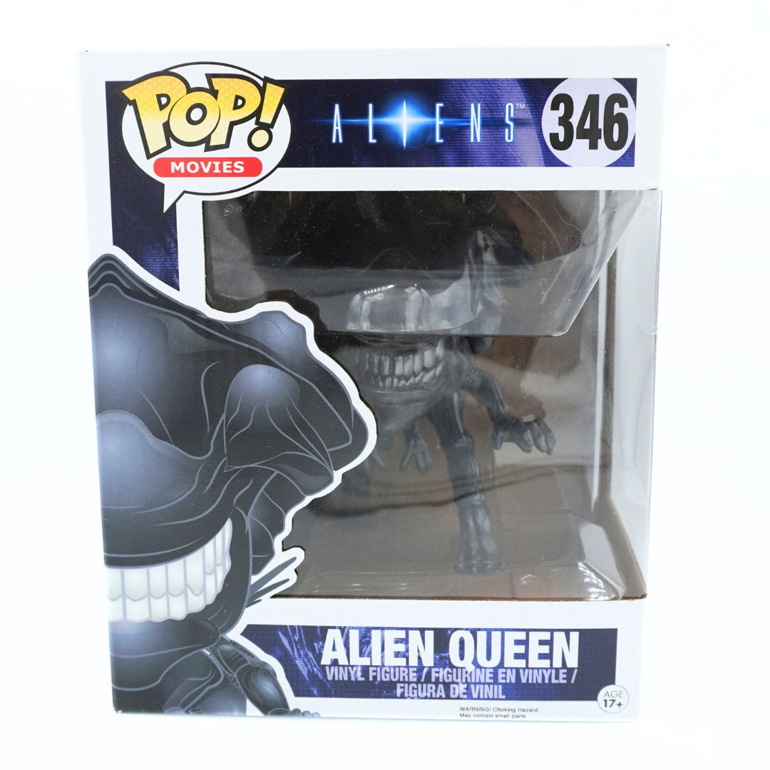Funko Pop! Movies Alien Queen vinyl figure number 346 in its original window box packaging, featuring the grey Xenomorph inside a clear plastic display window with character graphics on the box.