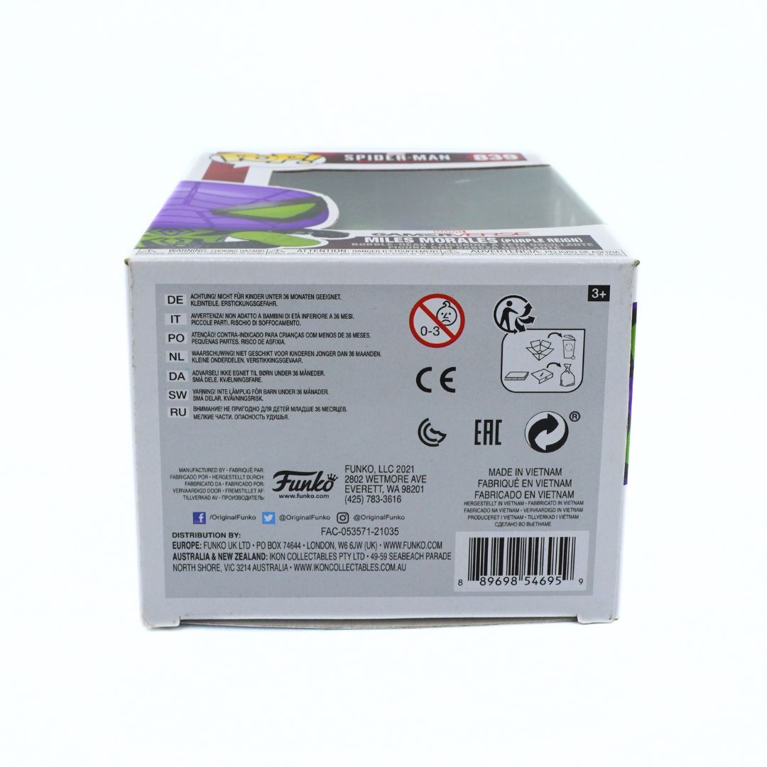The back of a Funko Spider-Man collectible figure box, showing product information, safety icons, and a barcode on a white background.