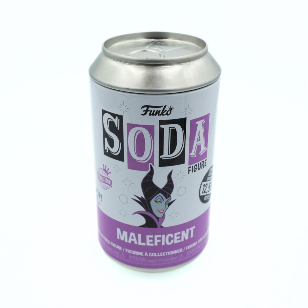 A Funko Soda collectible tin can featuring the character Maleficent, with a silver aluminum body and a purple and white label.