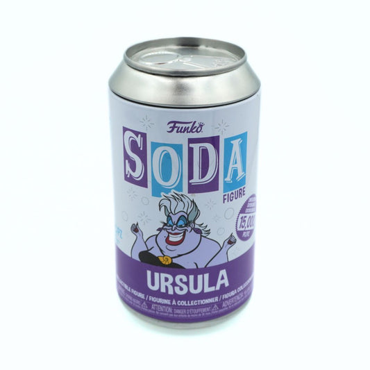 A collectible soda can featuring Disney's Ursula from The Little Mermaid. The can has a silver top and bottom, with a white and purple label displaying the text 'Funko SODA FIGURE' and 'URSULA'.