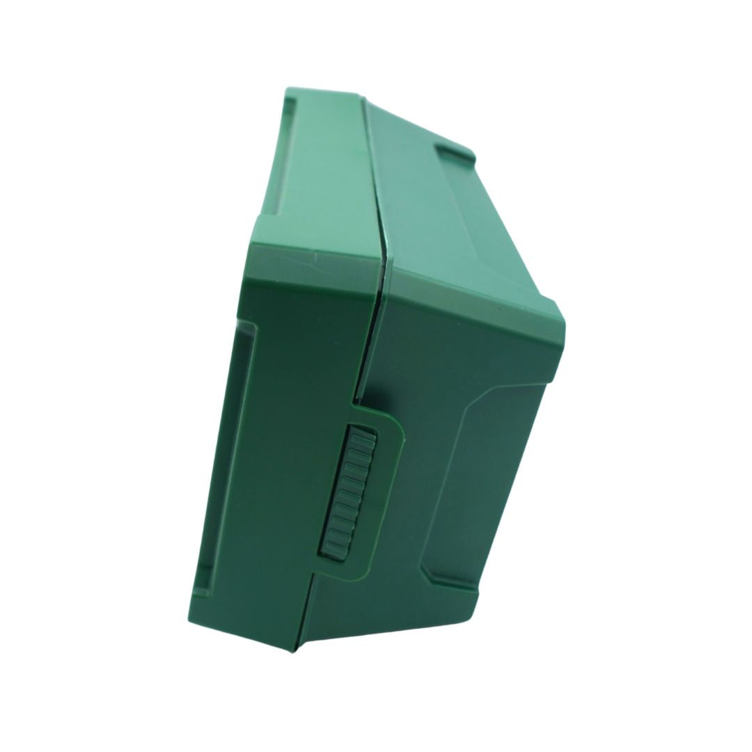 A dark green plastic component or housing part shown from an angled side view on a plain white background.