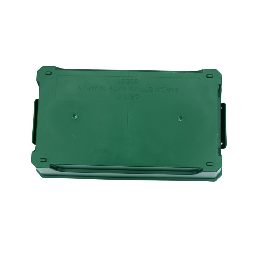 A dark green rectangular plastic case or container shown from the back, featuring molded text and pre-drilled screw holes, isolated on a white background.