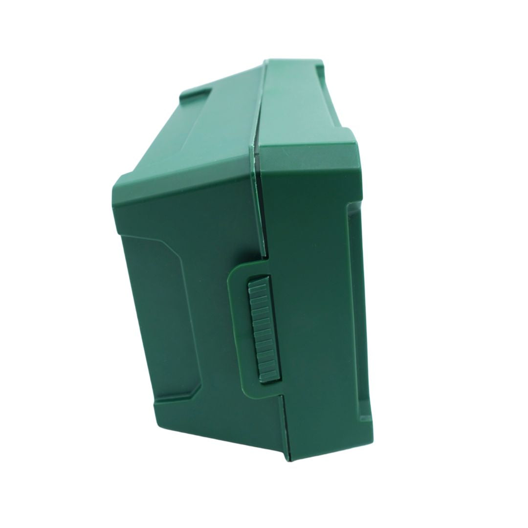 A dark green plastic rectangular box or case with a ribbed side switch, shown at an angle on a plain white background.