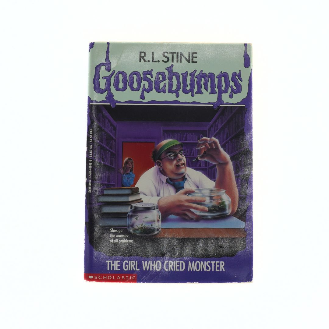 Book cover of 'Goosebumps' series by R.L. Stine featuring a character with a jar on a white background