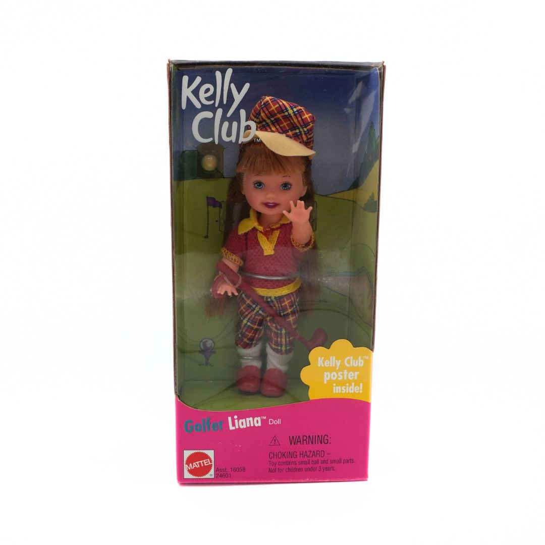 Boxed Kelly Club doll with golfer outfit on a white background
