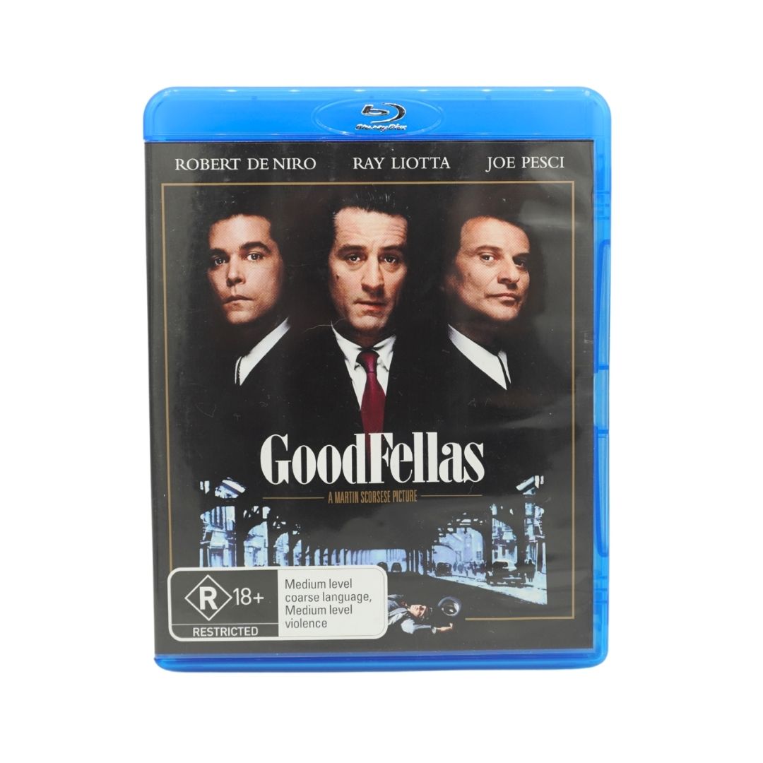 A physical Blu-ray copy of the movie Goodfellas on a clean white background. The blue plastic Blu-ray case features the movie's black-and-white cover art with the title 'Goodfellas' in white text, along with the names of the actors Robert De Niro, Ray Liotta, and Joe Pesci at the top.